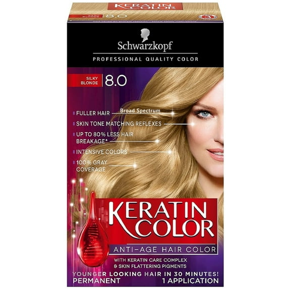 Schwarzkopf Keratin Color Anti-Age Hair Color, Silky Blonde [8.0] 1 ea (Pack of 4)
