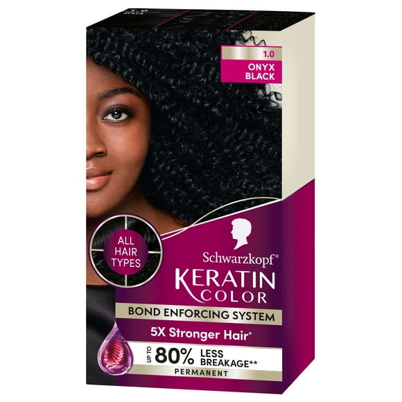 Schwarzkopf Keratin Color Permanent Hair Color, 1.0 Black Onyx, 1 Application - Salon Inspired Permanent Hair Dye, for up to 80% Less Breakage vs Untreated Hair and up to 100% Gray Coverage