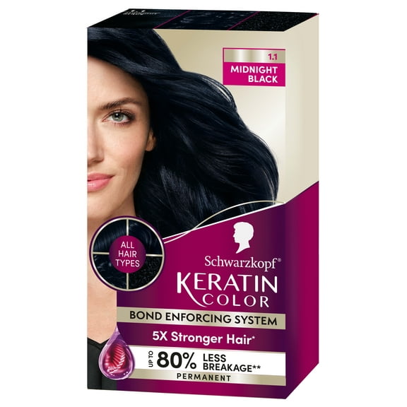 Schwarzkopf Keratin Color Permanent Hair Color, 1.1 Midnight Black, 1 Application - Salon Inspired Permanent Hair Dye, for up to 80% Less Breakage vs Untreated Hair and up to 100% Gray Coverage