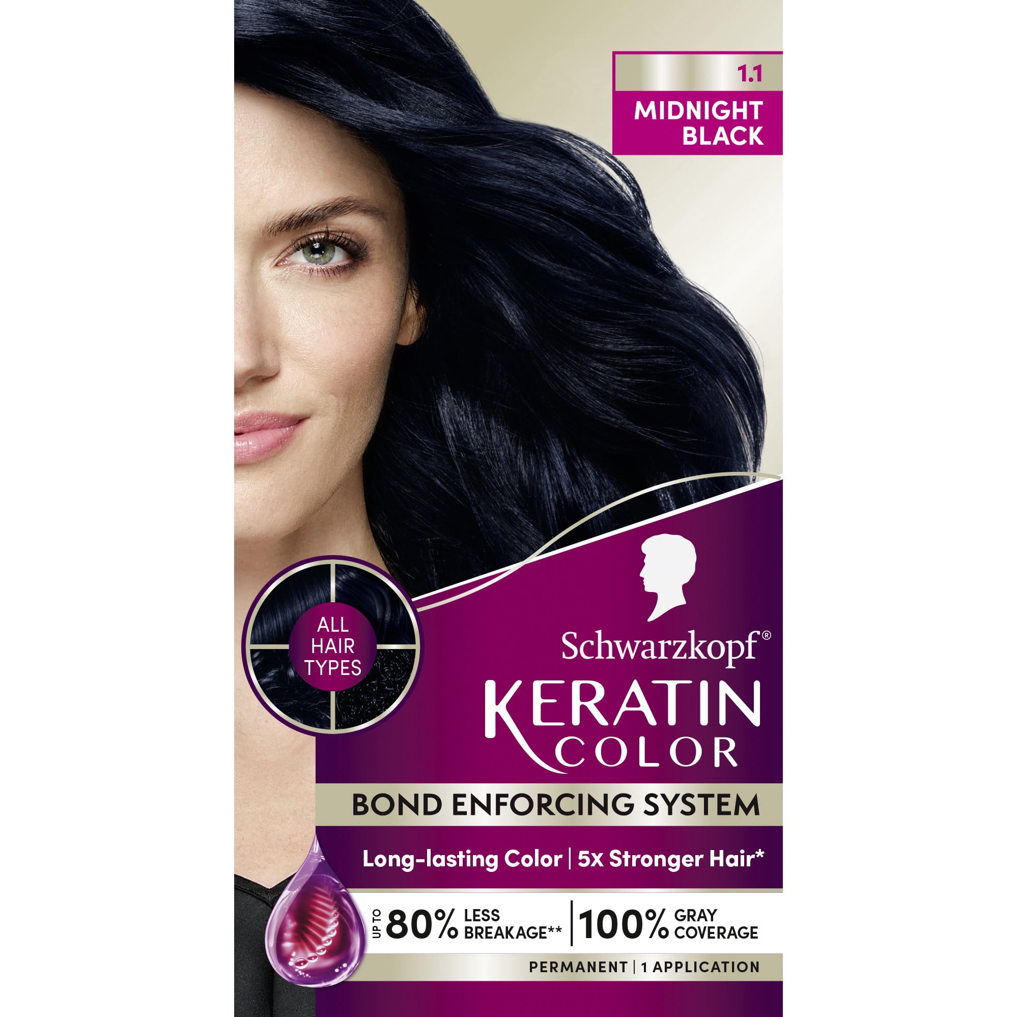 Schwarzkopf Keratin Hair Dye 1.1 Midnight Black, Permanent Hair Color, 1 Use