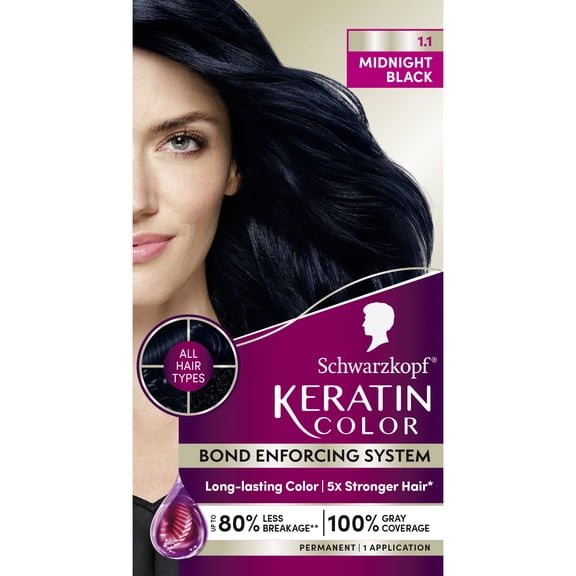 Schwarzkopf Keratin Hair Dye 1.1 Midnight Black, Permanent Hair Color, 1 Use