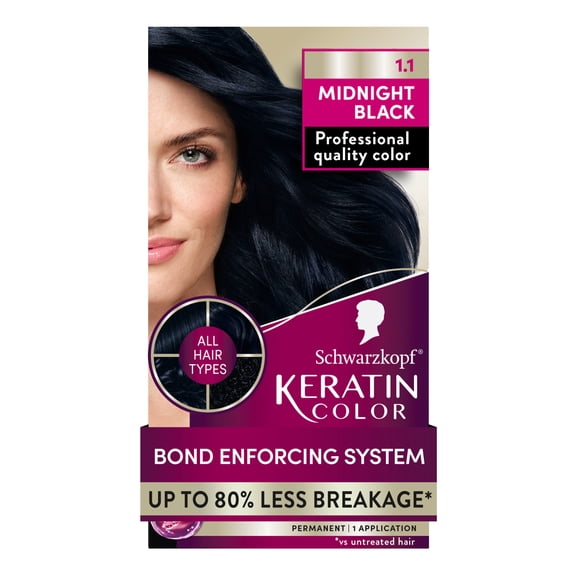 Schwarzkopf Keratin Hair Dye 1.1 Midnight Black, Permanent Hair Color, 1 Use