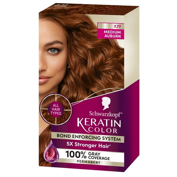 Schwarzkopf Keratin Hair Dye 7.7 Medium Auburn, Permanent Hair Color, 1 Use