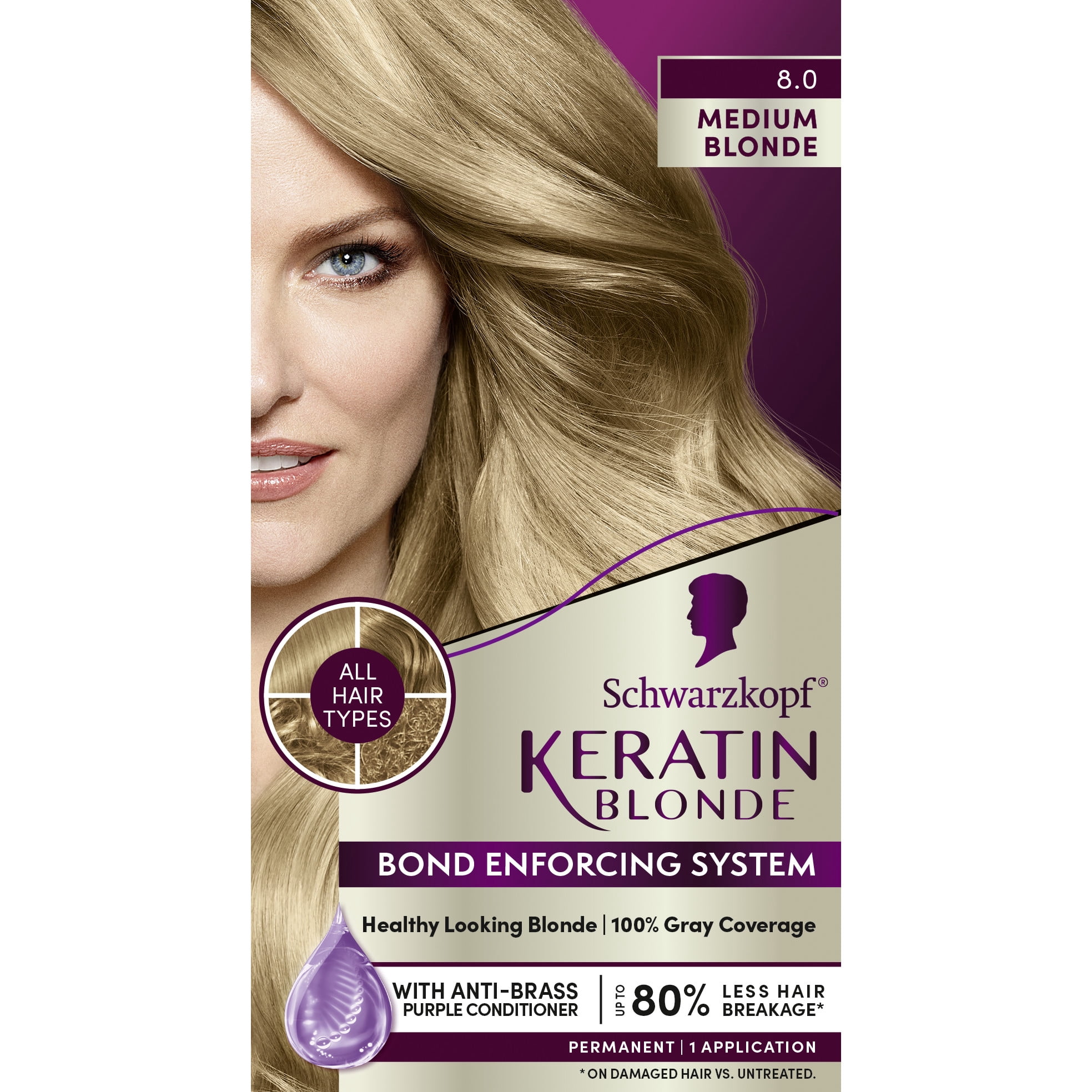 Schwarzkopf Keratin Hair Dye 8.0 Medium Blonde, Permanent Hair Color, 1 Use