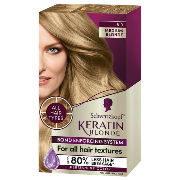 Schwarzkopf Keratin Color Permanent Hair Color, 8.0 Medium Blonde, 1 Application - Professionally Inspired Permanent Hair Dye, for up to 80% Less Breakage vs Untreated Hair