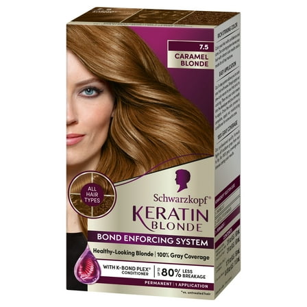 Schwarzkopf Keratin Hair Dye 7.5 Caramel Blonde, Permanent Hair Color, 1 Use