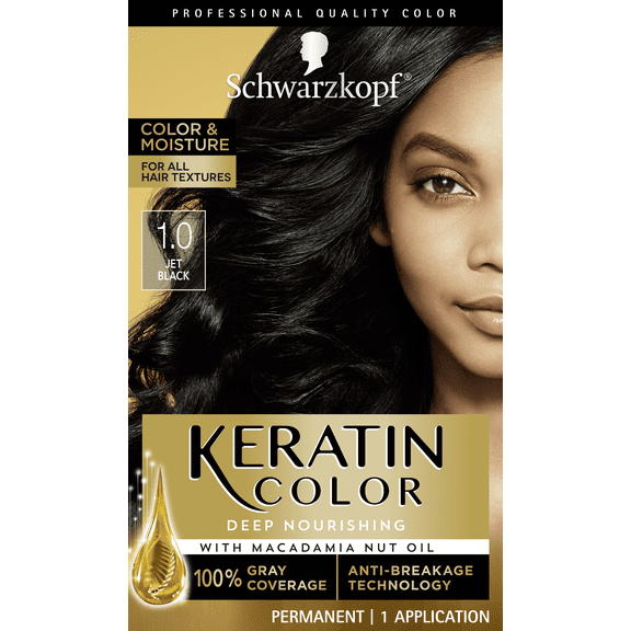 Schwarzkopf Keratin Color, Color & Moisture Permanent Hair Color Cream, 1.0 Jet Black