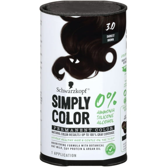 Schwarzkopf Simply Color Hair Color 3.0 Darkest Brown, 1 Application - Permanent Hair Dye for Healthy Looking Hair without Ammonia or Silicone, Dermatologist Tested, No PPD & PTD