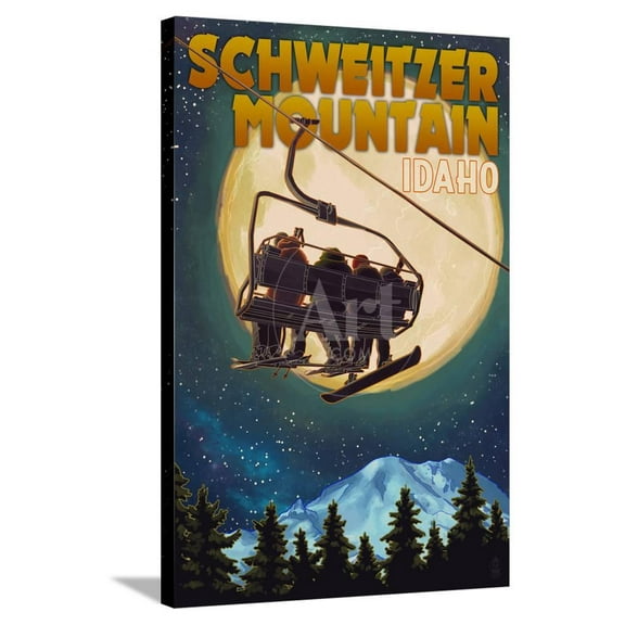 Schweitzer Mountain, Idaho  Ski Lift and Full Moon with Snowboarder, Stretched Canvas Wall Art by Lantern Press Sold by Art.Com