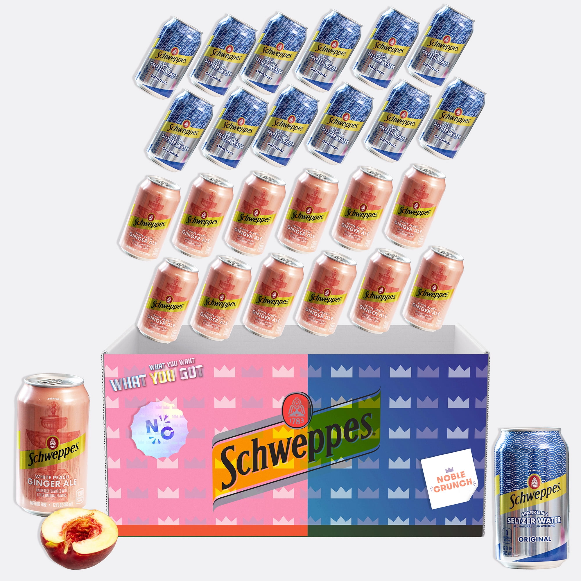 Schweppes Original Sparkling Seltzer Water (12, 12oz cans) - White Peach Ginger Ale (12, 12oz cans) - Delicious, Refreshing, Crisp - 24 Cans Total