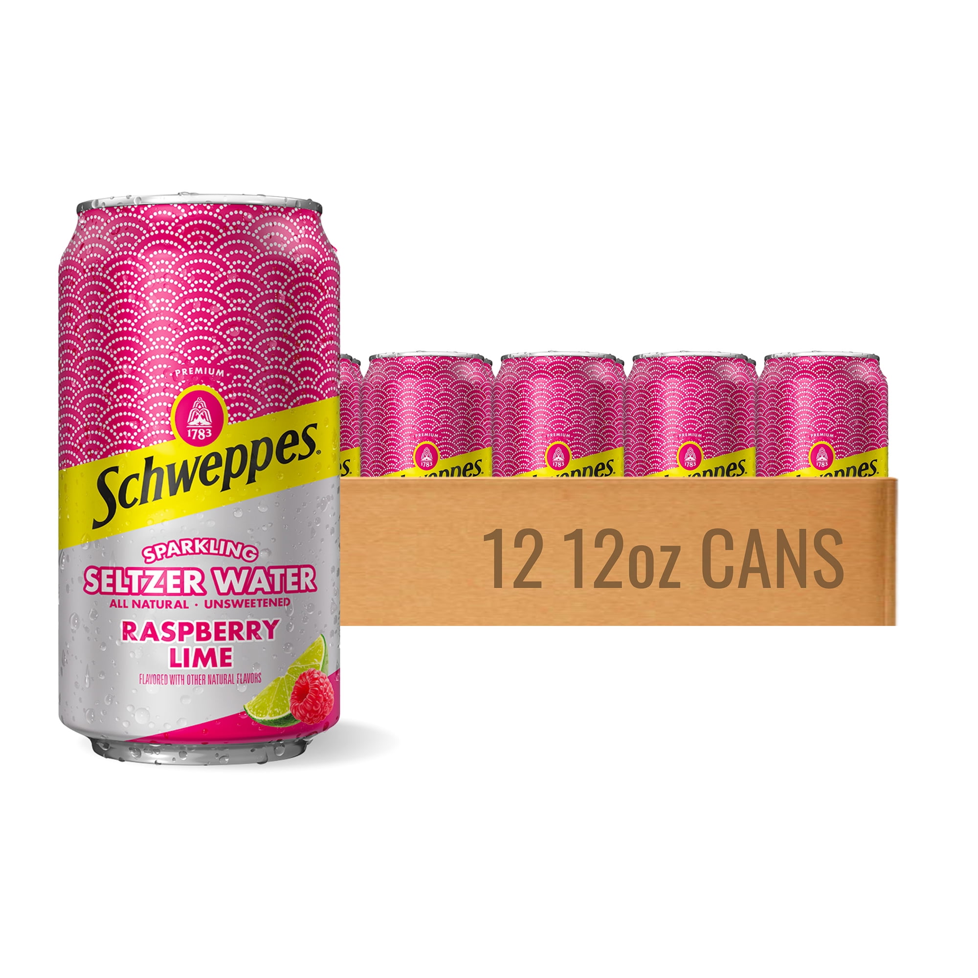 Schweppes Raspberry Lime Sparkling Seltzer Water 12, 12oz cans Refreshing Raspberry Flavor