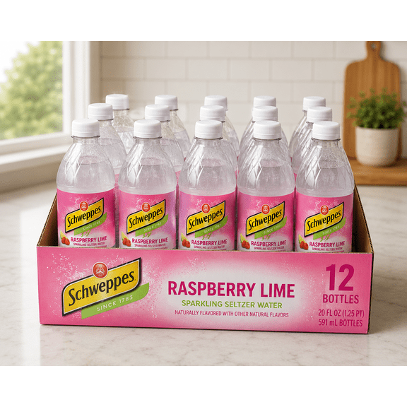 Schweppes Raspberry Lime Sparkling Soda, 20 fl oz Plastic Bottles, 12 Pack, Raspberry Lime Flavored Carbonated Soft Drink