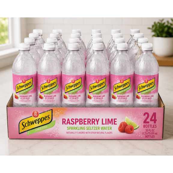Schweppes Raspberry Lime Sparkling Soda, 20 fl oz Plastic Bottles, 24 Pack, Raspberry Lime Flavored Carbonated Soft Drink