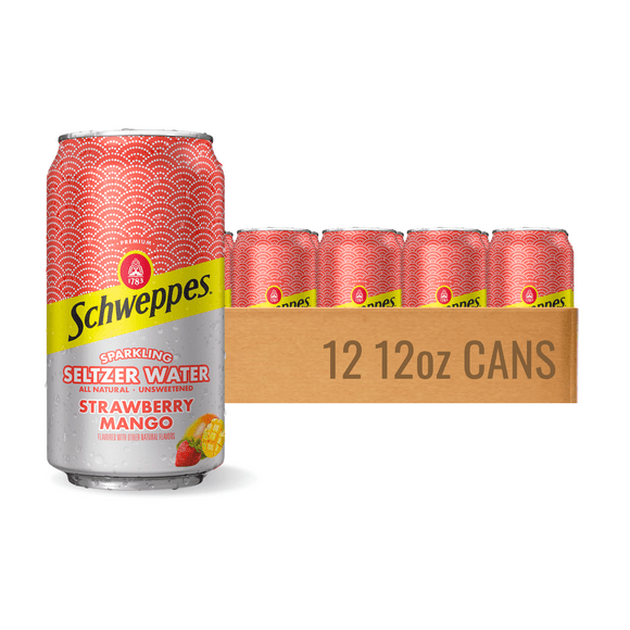 Schweppes Strawberry Mango Sparkling Seltzer Water - 12, 12oz cans - Juicy Mango Flavor - Perfect Alone or Mixed - 12 Pack