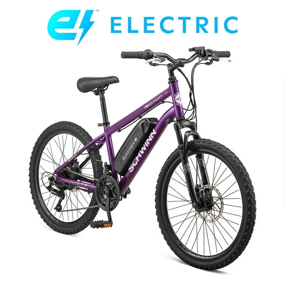 Schwinn 24" Boundary Electric Mountain Bike for Adults, 7 Speeds, 250w Ebike Motor, Purple