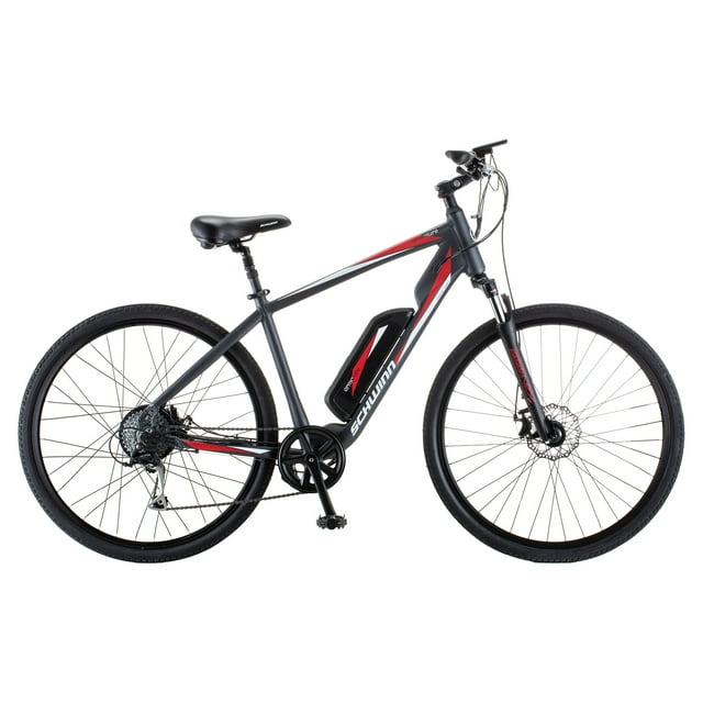 Schwinn 700c Armature Unisex Electric Bike, Black and Red Ebike, Small Frame for Adults
