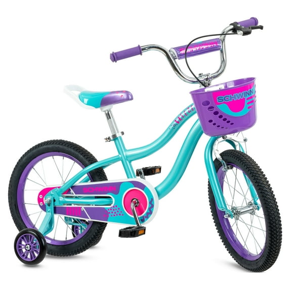 Schwinn Breeze 16 inch Girls Kids Bike with Basket and Training Wheels, Ages 3-7, Teal and Purple