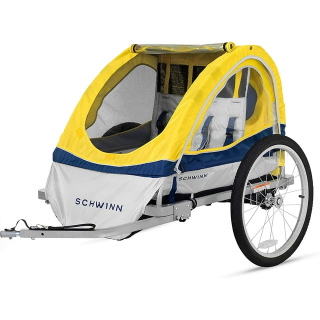 Schwinn Echo, and Trailblazer Child Bike Trailer, Single and Double Baby Carrier, Canopy, inch Wheels Echo - 2 Seat Bike Trailer Yellow