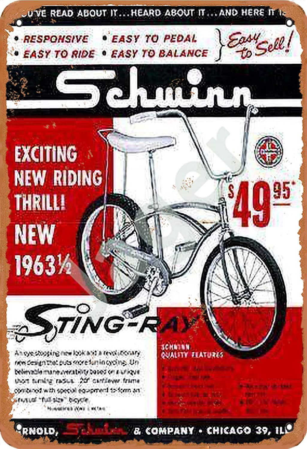 Schwinn Sting-Ray Bike Retro Metal Decor Wall Plaque Vintage Tin