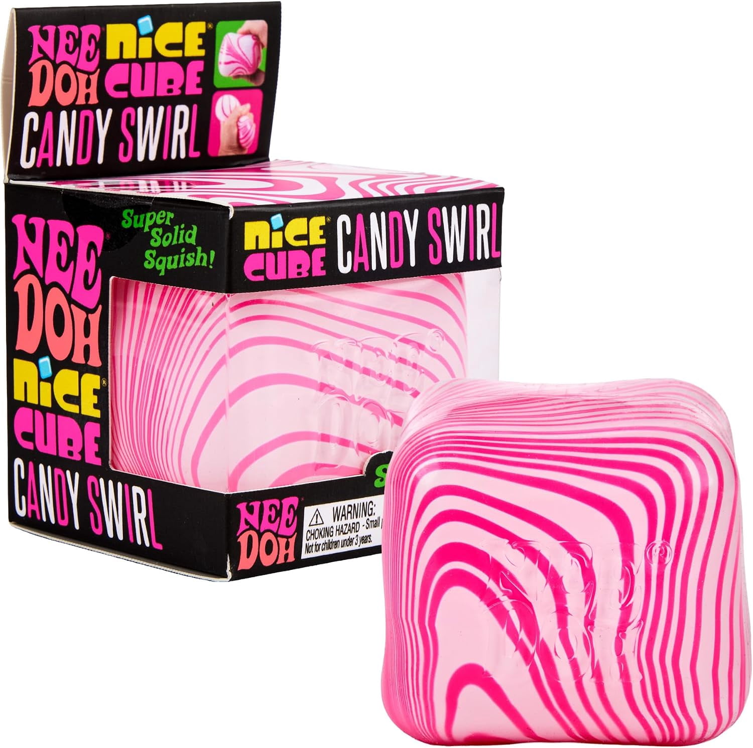 Schylling Candy Swirl Nice Cube - Sensory Squeeze Toy with Super Solid Squish - 2.25" Cube - Pink and White , 1ct