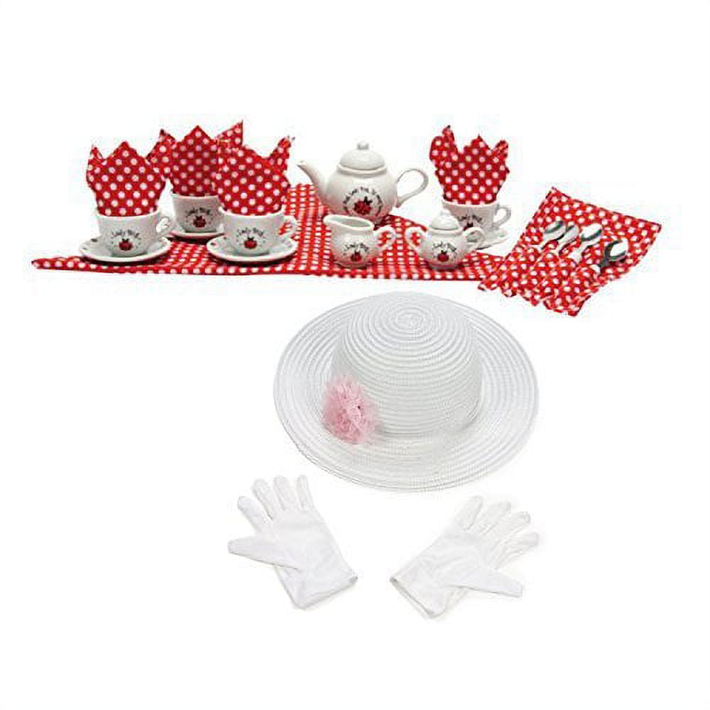 Schylling Ladybug Porcelain Tea Set with Fun Express Polyester Tea Party Hat and Gloves Set