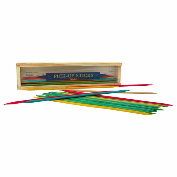 Schylling Pick Up Sticks Game for Classic Family Fun, Packaged in Wood Storage Box with Sliding Lid, Ages 7 and Up, 10"