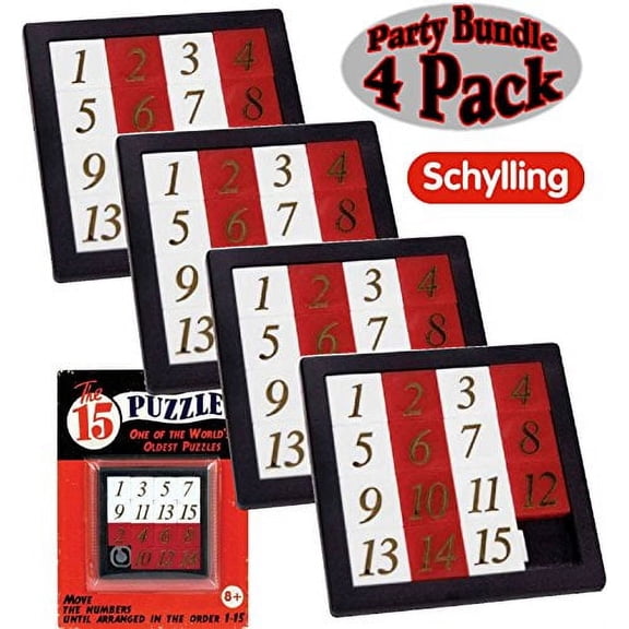 Schylling Puzzle Number Slide Brain Teaser Board Game with Clear Carry Case, 2.5³ In, 15 PCS, 4-Pack