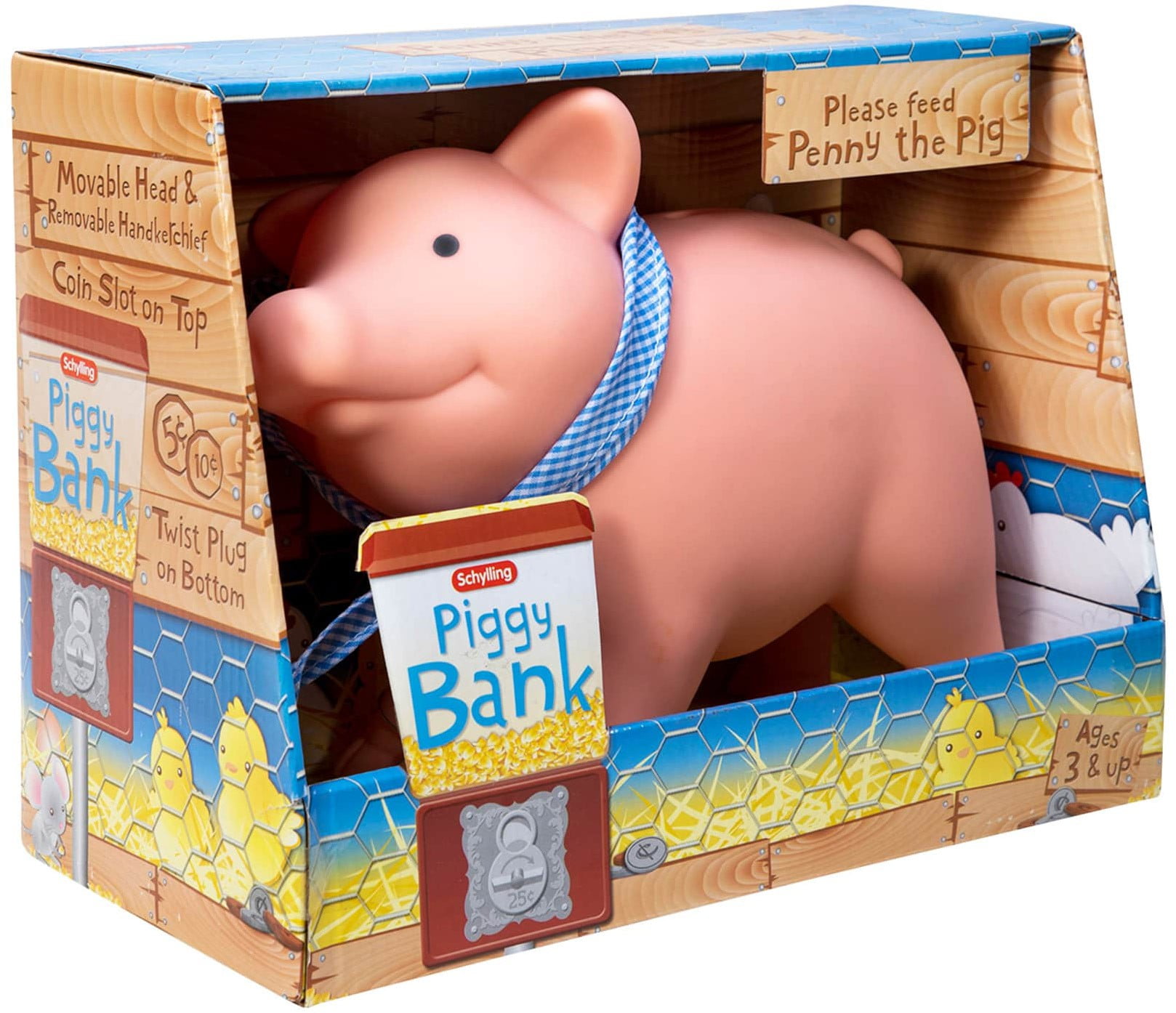 Schylling Rubber Piggy Bank Pink with Blue and White Scarf