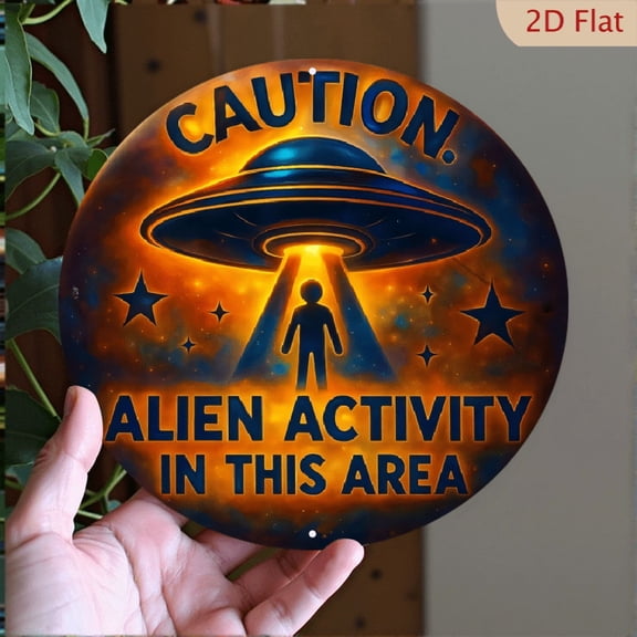 Sci-Fi Alien Abduction Metal Wall Art, 8x8 Inch Round Aluminum Sign, Vintage UFO Cosmic Decorative Plaque for Home Office Living Room Wall Decor