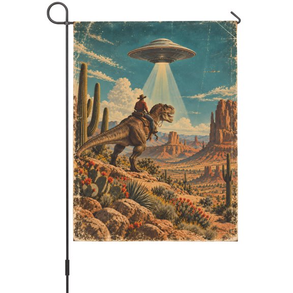 Sci-Fi Cowboy Garden Flag 12 x 18 Inches, Vintage Western Desert Cactus UFO Beam Surreal Weather Proof Outdoor Patio Flags Double Sided Small Garden Decoration for Yard Outside Home