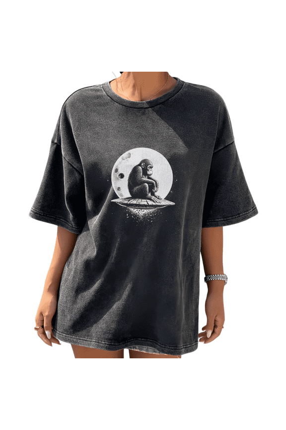 Sci Fi Graphic Tees Washed Black Thinking Ape On UFO Print Tshirt Retro Space Shirts S-2XL Tops