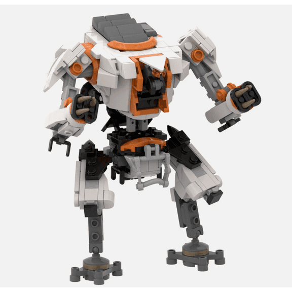 Sci-Fi Heavy Mecha Robot Building Blocks Kit, Poseable 6 Inch Game Mech Figure Brick Model White Orange
