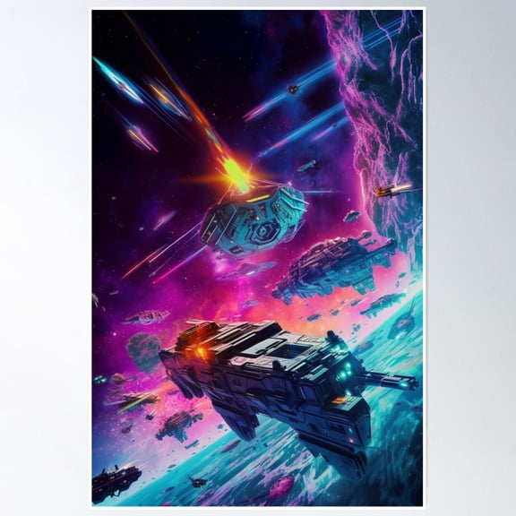 Sci Fi Retro Spaceship Vaporwave Retrowave Synthwave Poster Wall Art , Poster Print Only