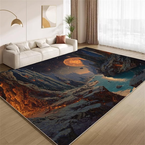 Sci-Fi Space Area Rugs, Alien Planet Lava Water Carpet, Washable Non Slip Low Pile Soft Rug for Living Room Bedroom Decor Mat 5x8ft