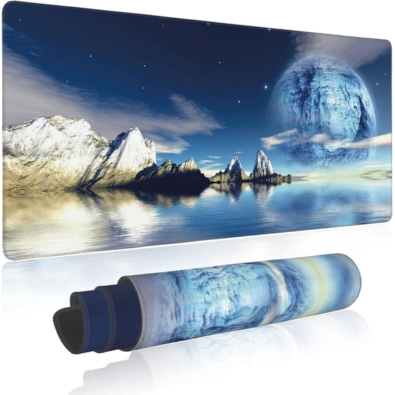 Sci-Fi Space Moon Extended Gaming Mouse Pad 35.4x15.7in Large Mousepad Anti-Slip Rubber Base Stitched Edges for Gaming & Home Office