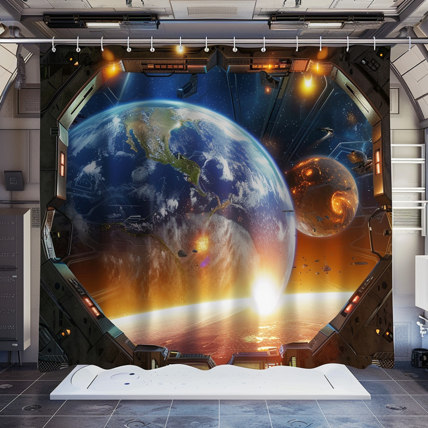 SciFi Space Station Shower Curtain Earth & Moon View Futuristic
