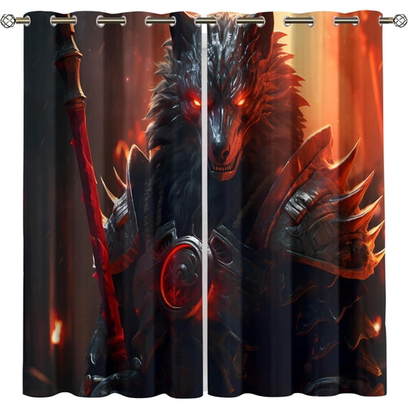 Sci Fi Werewolf Blackout Curtains, Armor Warrior Futuristic Wolf Print Drapes for Bedroom Living Room Kitchen, Thermal Insulated Room Darkening Grommet Curtains Home Decor 26"W x 45"L (2 Pack)