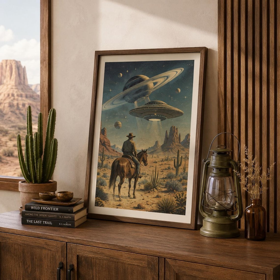 Sci Fi Western Wall Art Print, Cowboy UFO Retro Futuristic Desert Alien ...