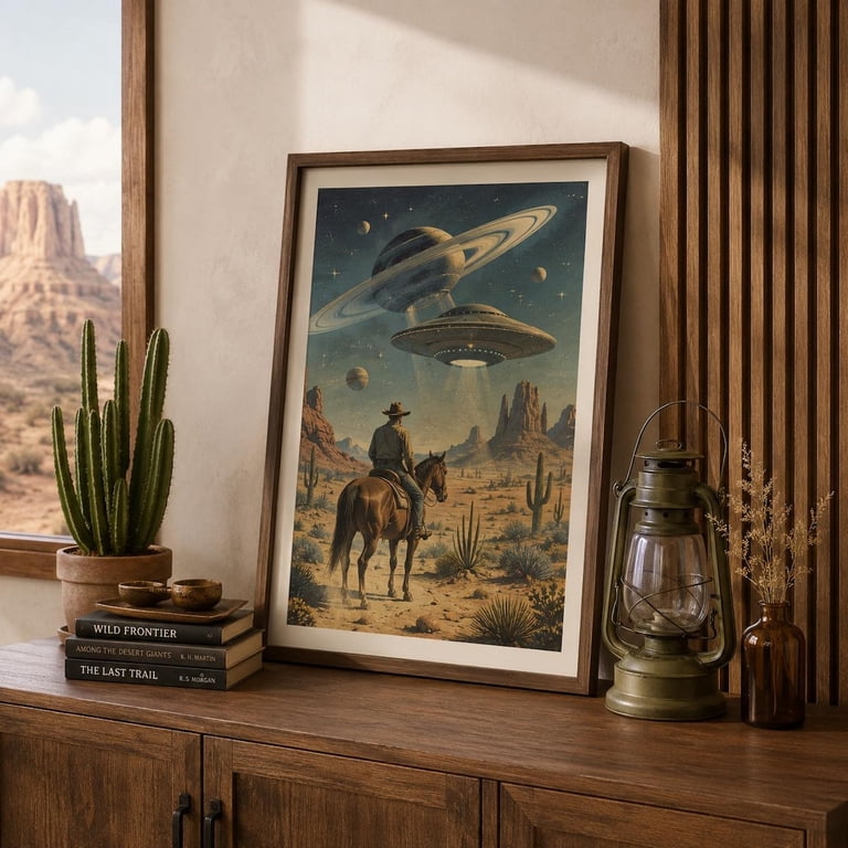 Sci Fi Western Wall Art Print, Cowboy UFO Retro Futuristic Desert Alien ...