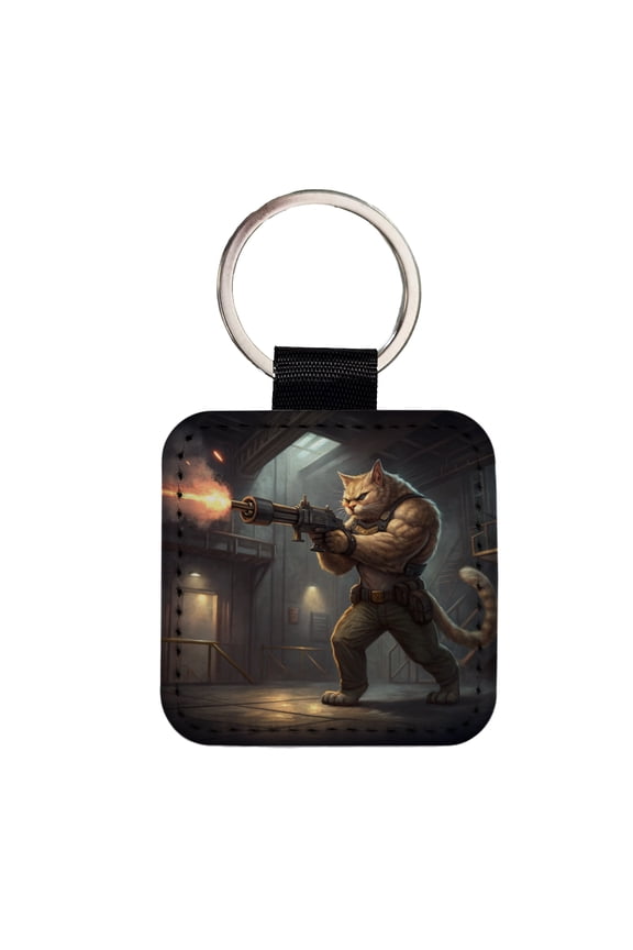 Sci-fi Action Hero Cat Shooting A Machine Gun Faux Leather Square Keychain