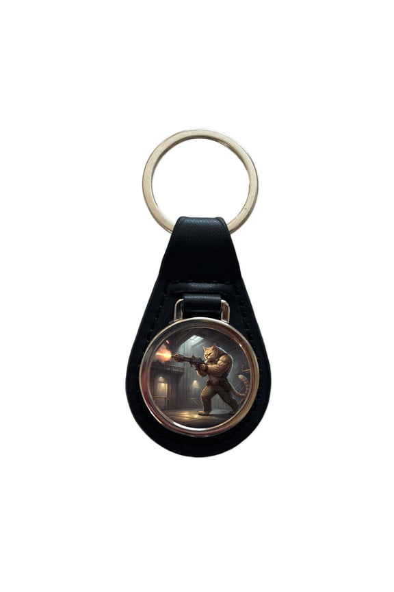Sci-fi Action Hero Cat Shooting A Machine Gun Metal Black Leather Keychain