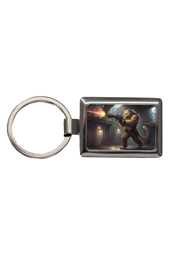Sci-fi Action Hero Cat Shooting A Machine Gun Metal Rectangle Keychain