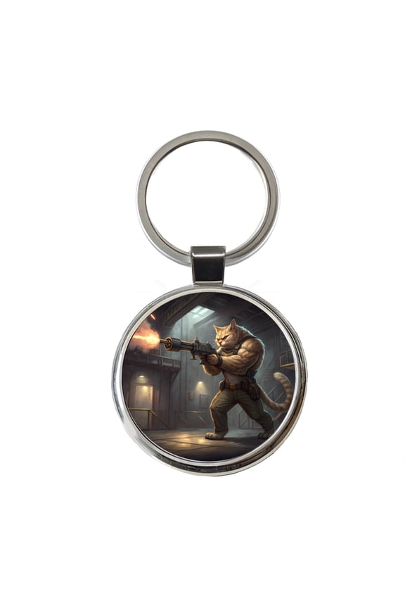 Sci-fi Action Hero Cat Shooting A Machine Gun Metal Round Keychain