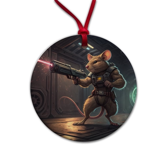 Sci-fi Action Hero Mouse With Laser Gun Christmas Tree Holiday Round Ceramic Ornament