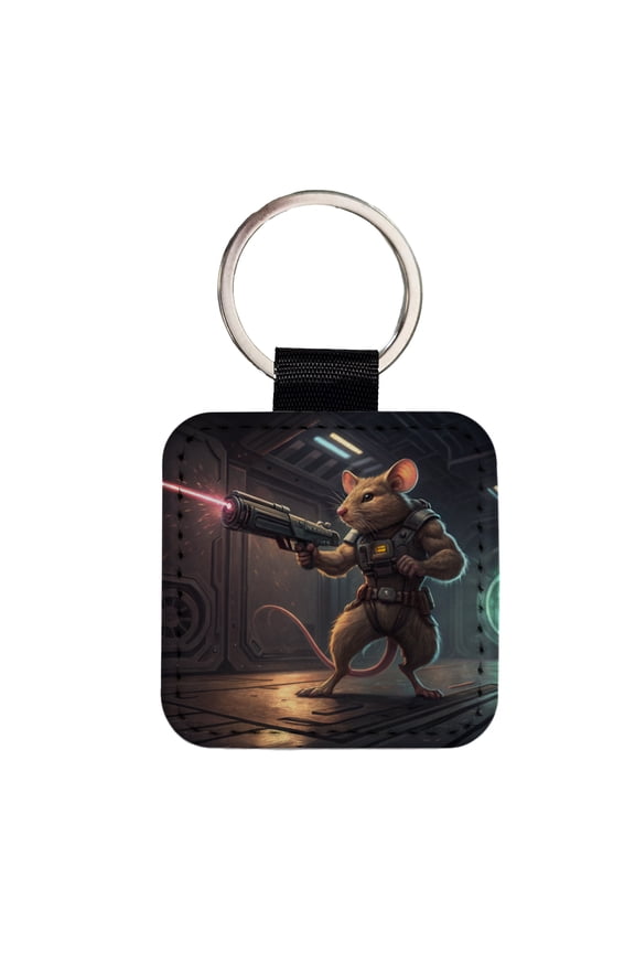 Sci-fi Action Hero Mouse With Laser Gun Faux Leather Square Keychain