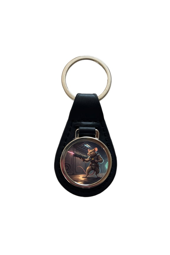 Sci-fi Action Hero Mouse With Laser Gun Metal Black Leather Keychain