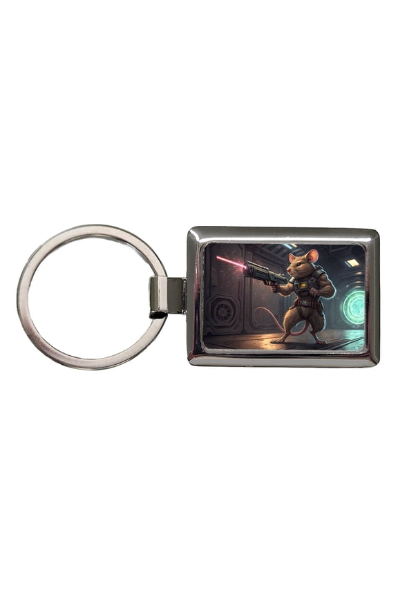 Sci-fi Action Hero Mouse With Laser Gun Metal Rectangle Keychain