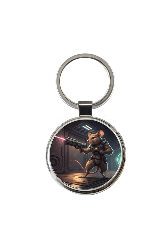 Sci-fi Action Hero Mouse With Laser Gun Metal Round Keychain