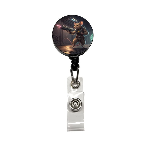 Sci-fi Action Hero Mouse With Laser Gun Retractable Reel ID Badge Key Card Name Tag Holder with Clip