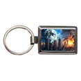 thumbnail image 1 of Sci-fi Apocalypse Cityscape City At Night Under a Large Full Moon Metal Rectangle Keychain, 1 of 7